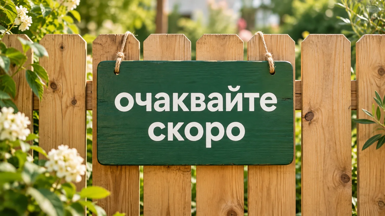 Табела „Очаквайте скоро“ на дървена градинска ограда